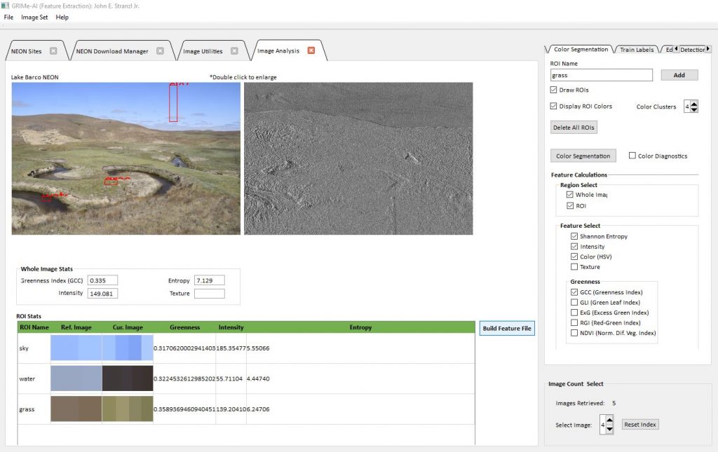 Screenshot of GRIME-AI software interface showing color clusters and other scalar image features extracted from an image of a stream in the Nebraska Sandhills.